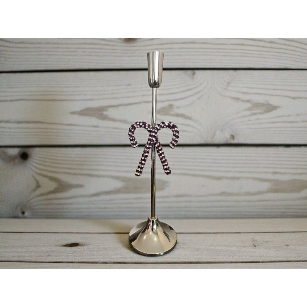 New Silver Retro Christmas Rhinestone Candy Cane Candle Holder Stand Decor
